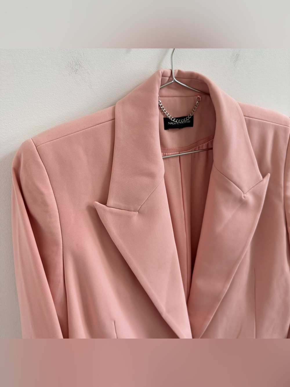 NADINE MERABI Dusty Pink Feather-Trim Blazer Pantsuit - Picture 11 of 14